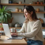Femme assise à la cuisine avec ordinateur et tasse