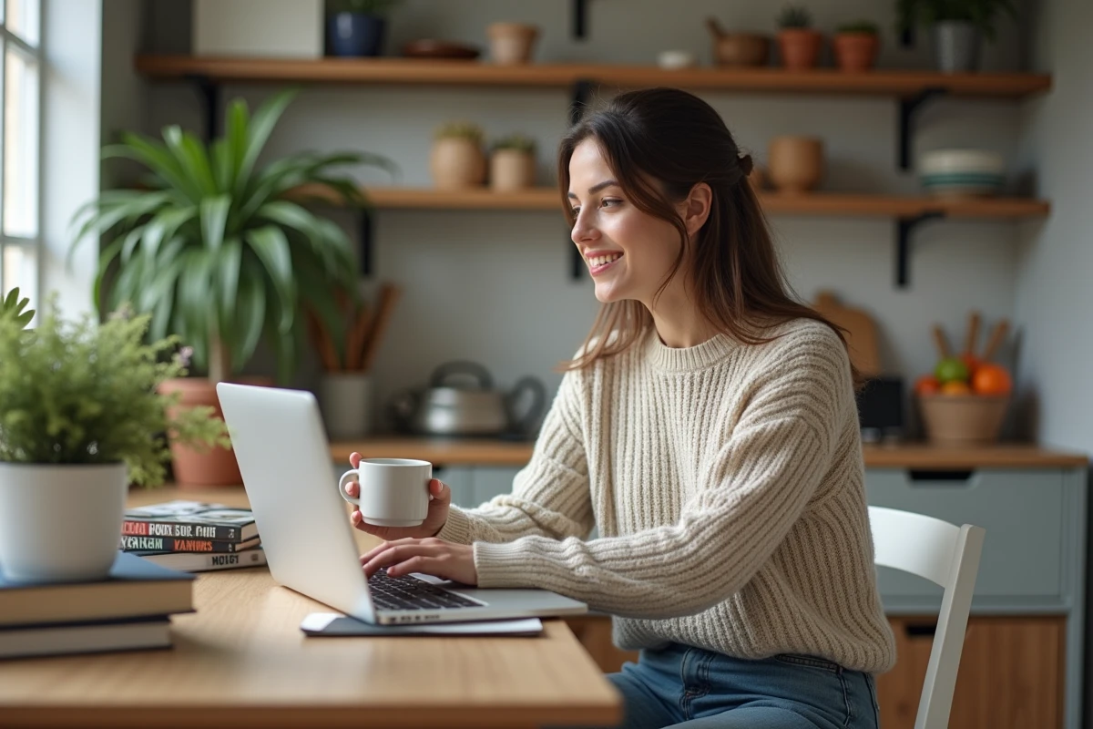Femme assise à la cuisine avec ordinateur et tasse