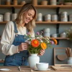 Femme arrangeant des fleurs sauvages dans un vase en céramique