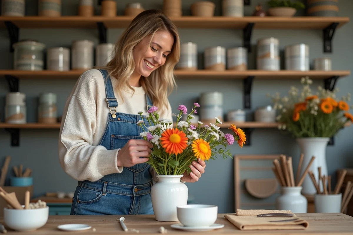 Femme arrangeant des fleurs sauvages dans un vase en céramique