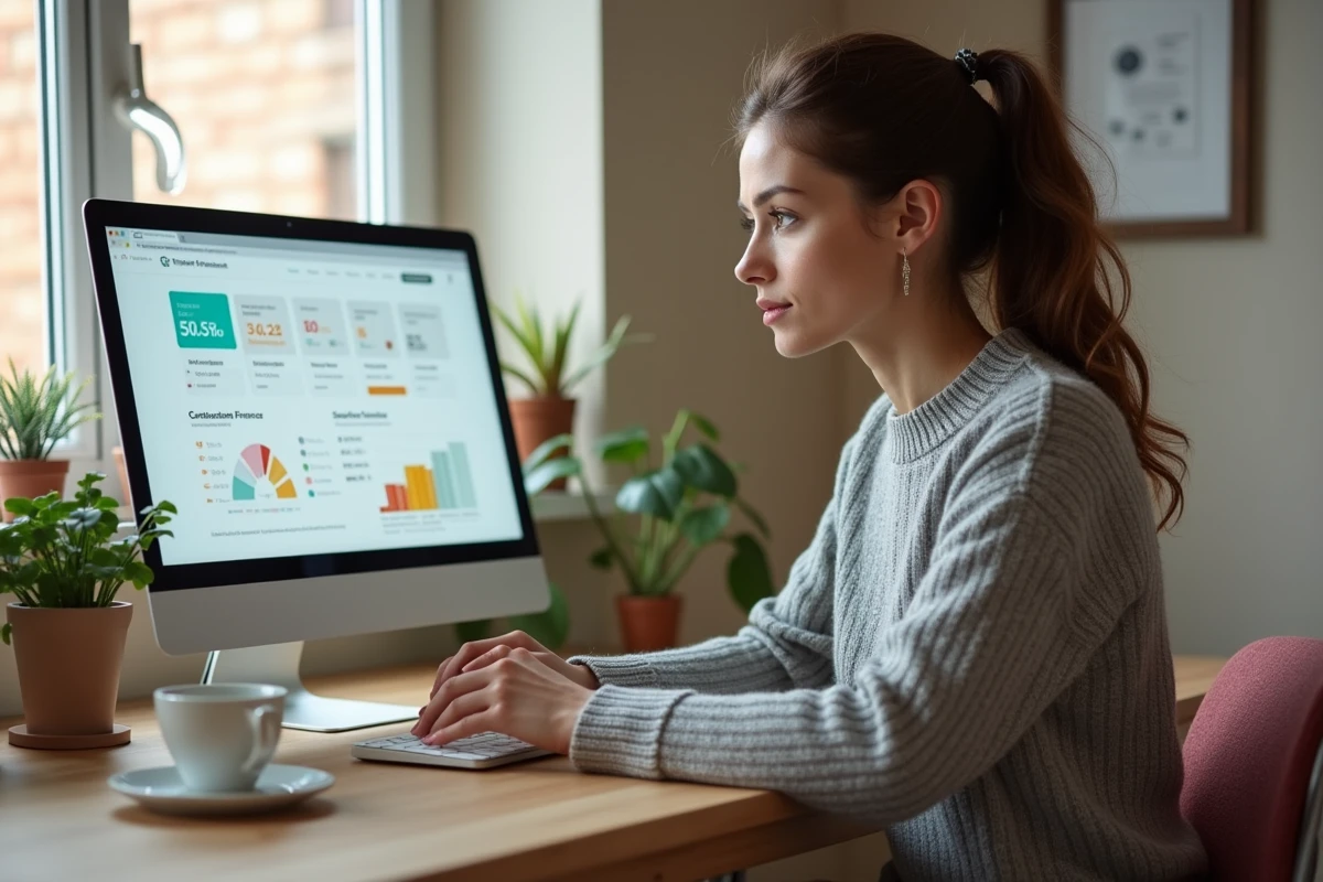 Femme gérant ses finances personnelles sur un ordinateur portable avec un tableau de bord budgétaire en ligne