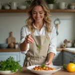 Femme en tablier saupoudrant des herbes fraîches sur un plat coloré