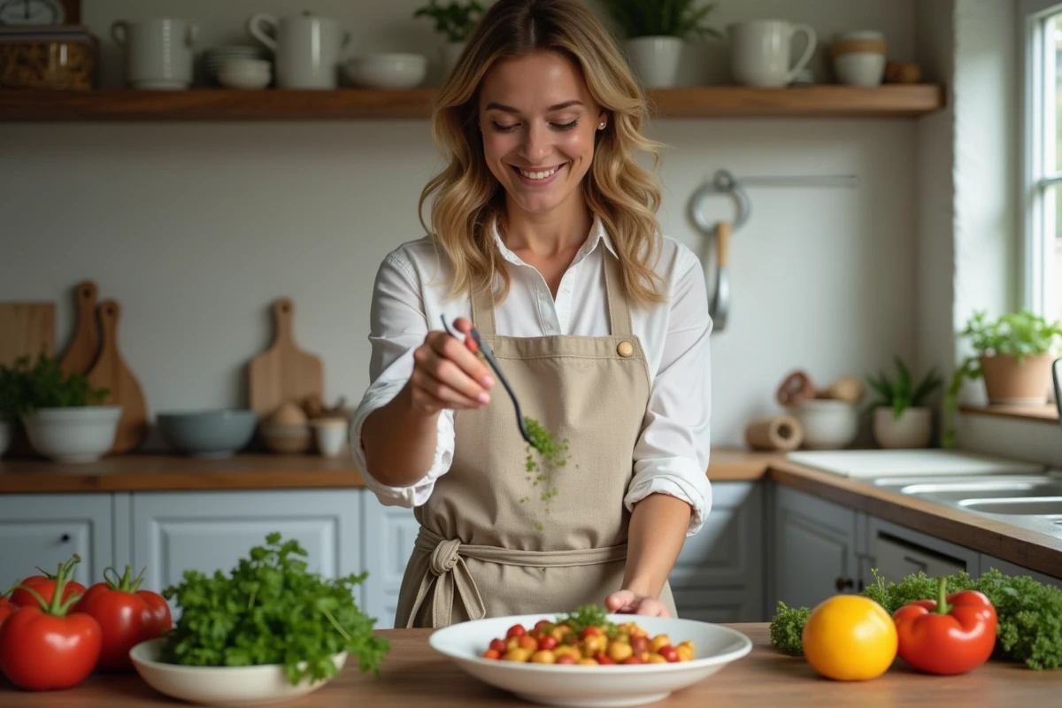 Femme en tablier saupoudrant des herbes fraîches sur un plat coloré