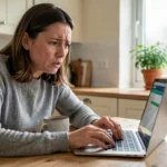 Femme inquiète consultant son compte bancaire en ligne sur un ordinateur portable à la cuisine après avoir repéré un virement débit inconnu