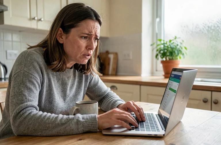 Femme inquiète consultant son compte bancaire en ligne sur un ordinateur portable à la cuisine après avoir repéré un virement débit inconnu