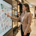 Femme consultant un plan interactif de boutique de mode dans un centre commercial moderne
