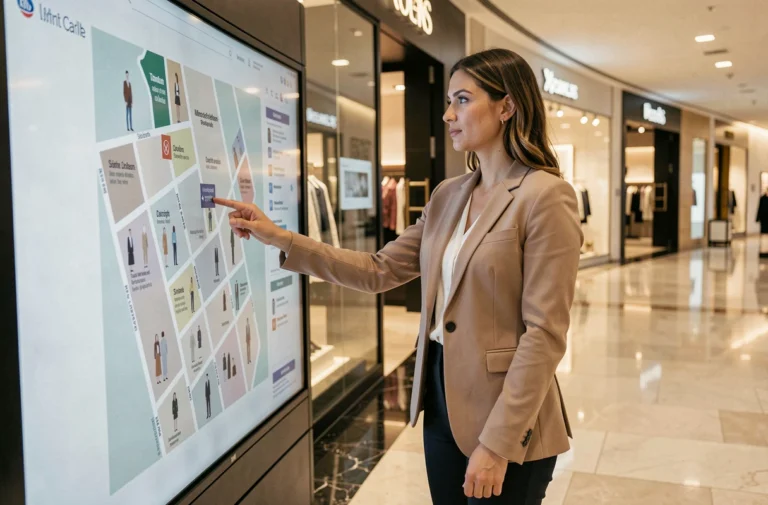 Femme consultant un plan interactif de boutique de mode dans un centre commercial moderne