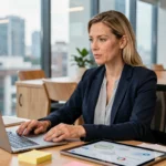 Femme professionnelle en blazer marine travaillant sur sa transformation numérique dans un bureau moderne avec tablette et laptop