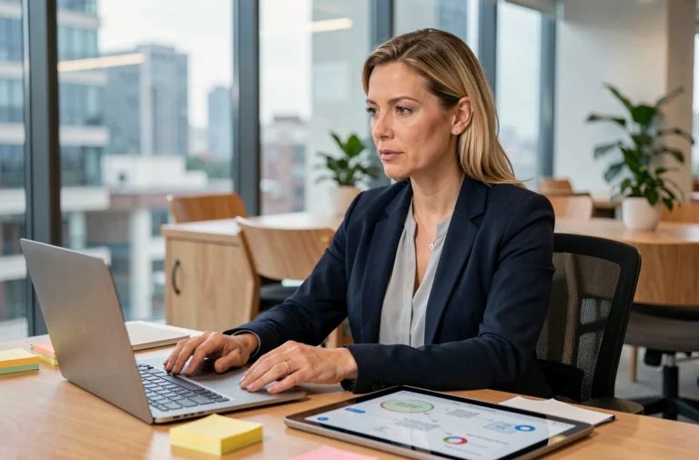 Femme professionnelle en blazer marine travaillant sur sa transformation numérique dans un bureau moderne avec tablette et laptop