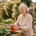 Femme retraitée souriante qui jardine dans son potager, symbole d'épanouissement et de bien-être à la retraite