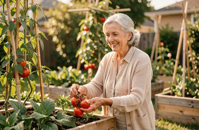 Femme retraitée souriante qui jardine dans son potager, symbole d'épanouissement et de bien-être à la retraite