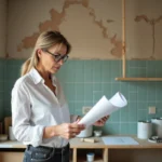 Femme architecte révisant des plans de rénovation dans une cuisine en travaux avec outils et matériaux visibles