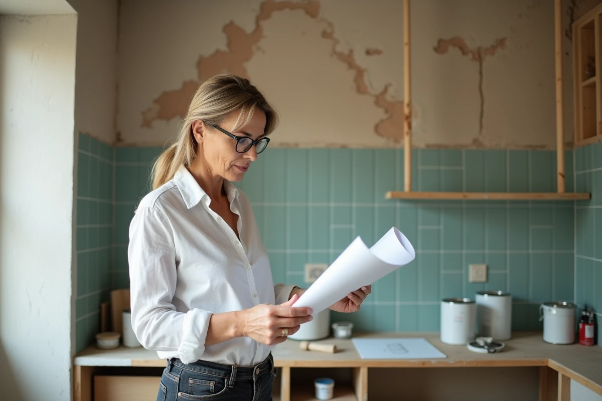 Femme architecte révisant des plans de rénovation dans une cuisine en travaux avec outils et matériaux visibles