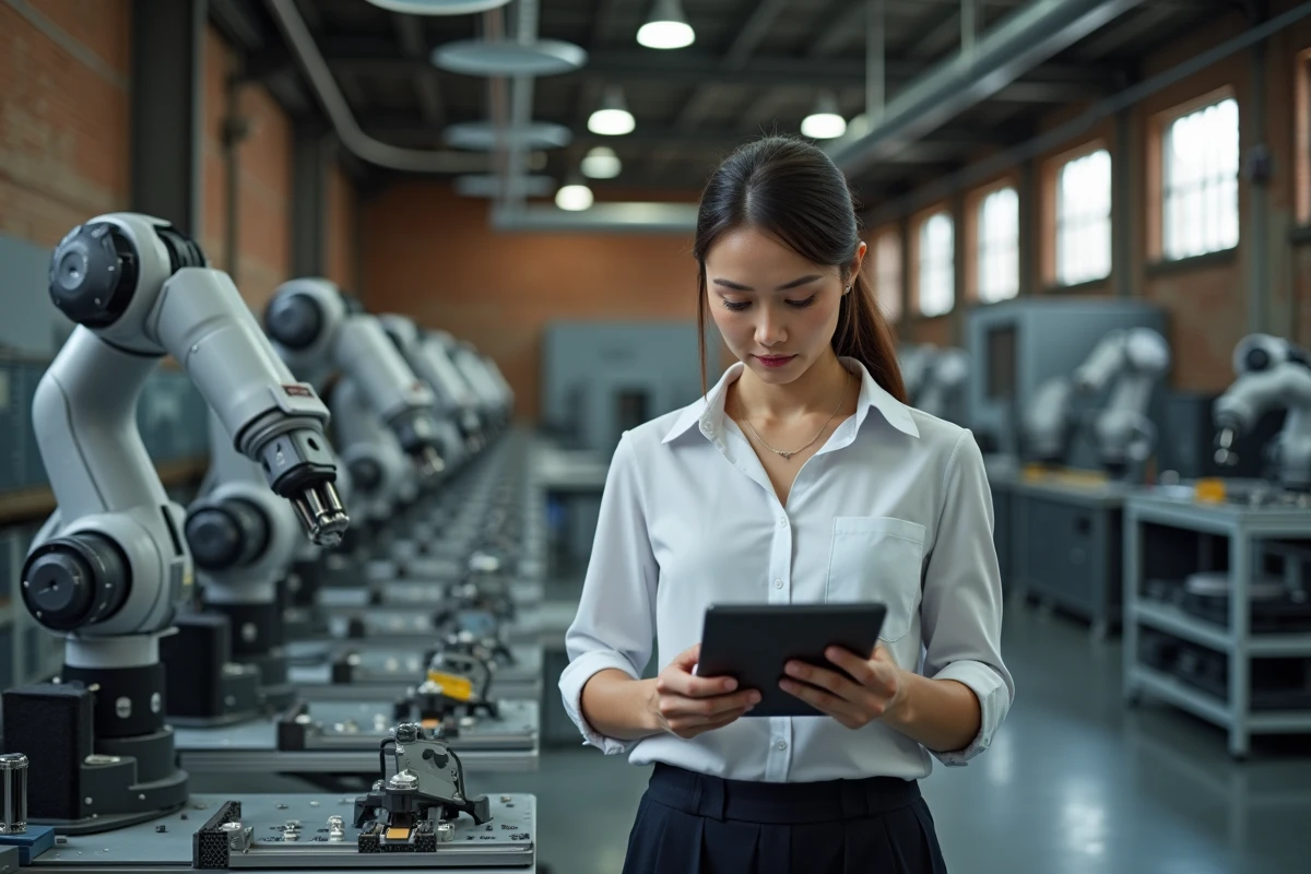 Jeune femme examinant une tablette de contrôle robotique