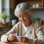 Femme senior tenant un appareil auditif Amplifon dans sa cuisine, examinant le dispositif avec attention