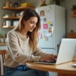 Femme assise à la cuisine avec ordinateur et ambiance familiale