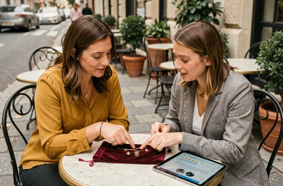 Deux femmes comparant des bijoux SRD et des avis clients sur une tablette à une terrasse de café parisienne
