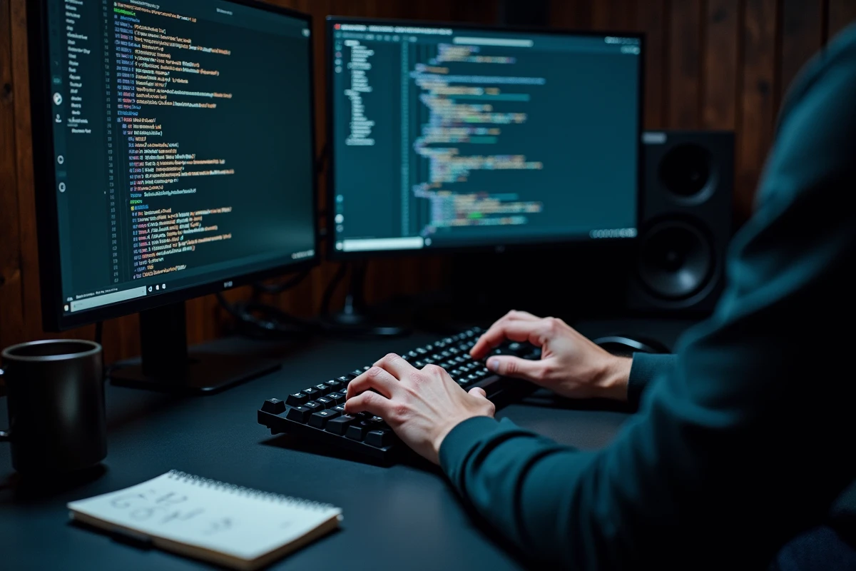 Gros plan sur des mains tapant au clavier avec un logiciel de conversion de formats de fichiers affiché sur deux écrans