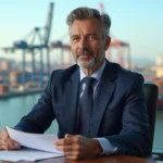 Homme d'affaires en costume navy dans un bureau moderne