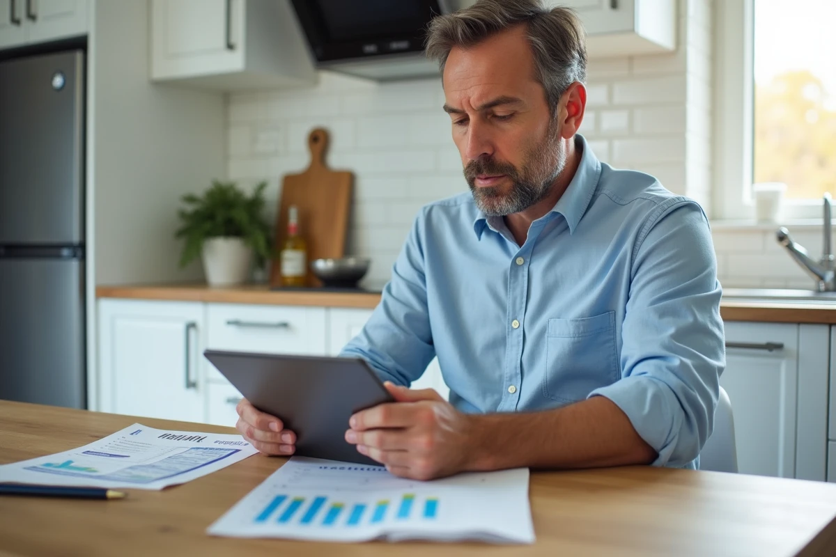 Homme consultant une application de gestion financière personnelle sur une tablette dans sa cuisine