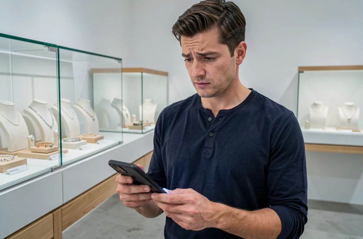 Homme consultant des avis en ligne sur son smartphone dans une boutique de bijoux contemporaine avec vitrine en arrière-plan