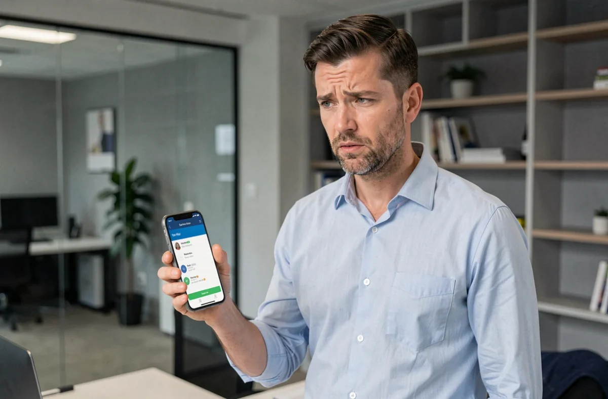 Homme en bureau consultant une notification de virement non identifié sur son smartphone application bancaire La Banque Postale