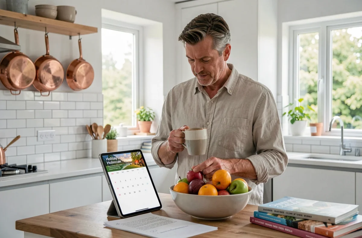Homme consultant un calendrier de jours fériés sur tablette dans une cuisine moderne pour organiser ses vacances 2026