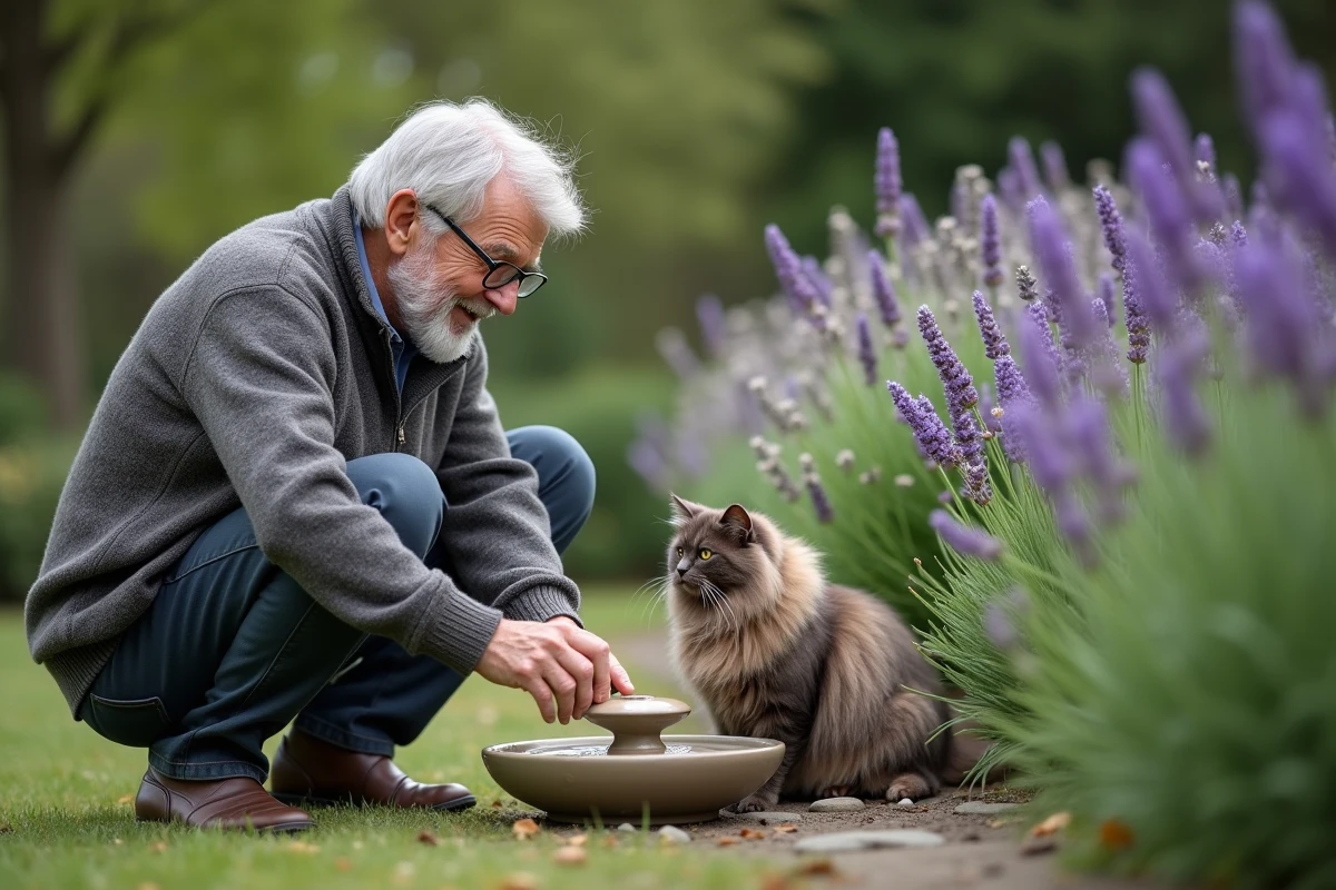 Homme âgé avec son chat dans un jardin fleuri