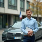 Homme tenant un dossier de documents administratifs devant une voiture immatriculée à l'étranger dans le parking d'une préfecture française
