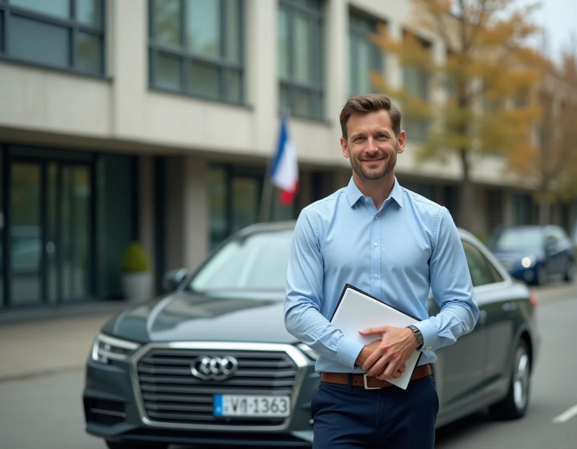 Homme tenant un dossier de documents administratifs devant une voiture immatriculée à l'étranger dans le parking d'une préfecture française