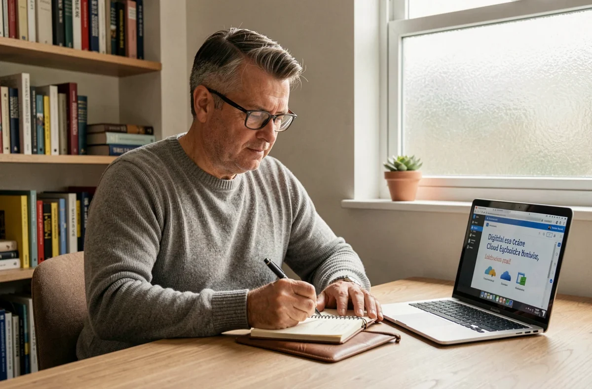 Homme d'âge mûr prenant des notes dans un carnet lors d'une formation en ligne sur les outils numériques depuis son bureau à domicile