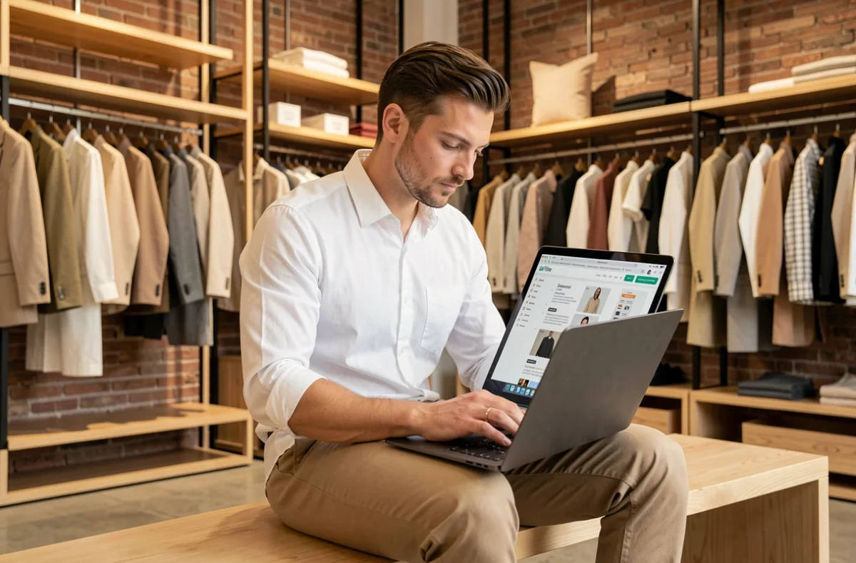 Homme naviguant sur le plan du site d'une boutique de mode depuis son ordinateur portable en magasin