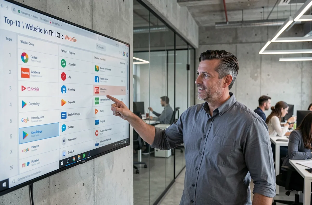 Homme présentant un top des meilleurs sites web sur un écran dans un espace de coworking moderne
