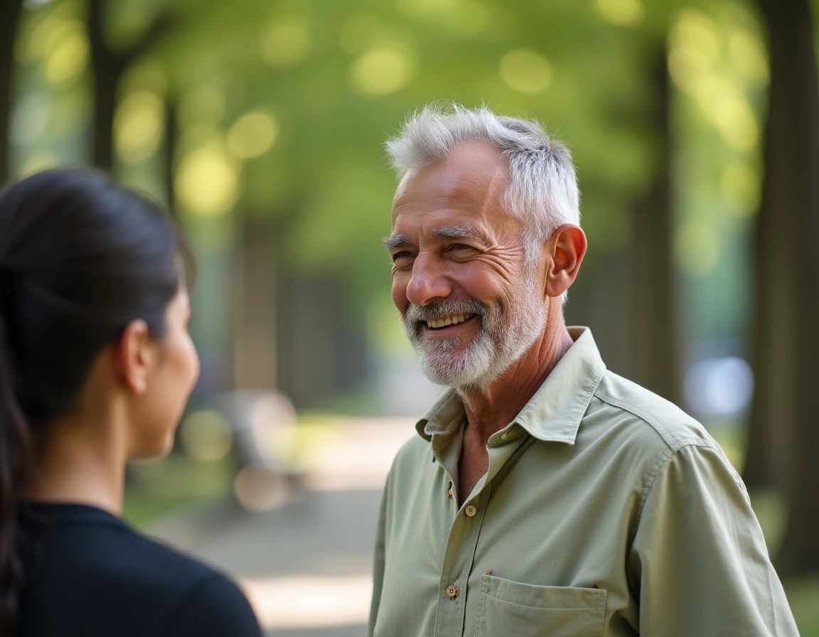 Homme senior portant un appareil auditif Amplifon discrètement visible lors d'une conversation en plein air dans un parc urbain