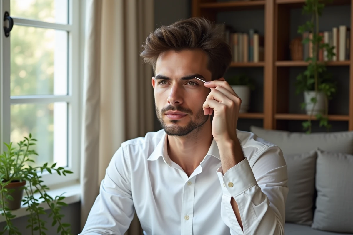 Jeune homme se coiffant dans un salon cosy