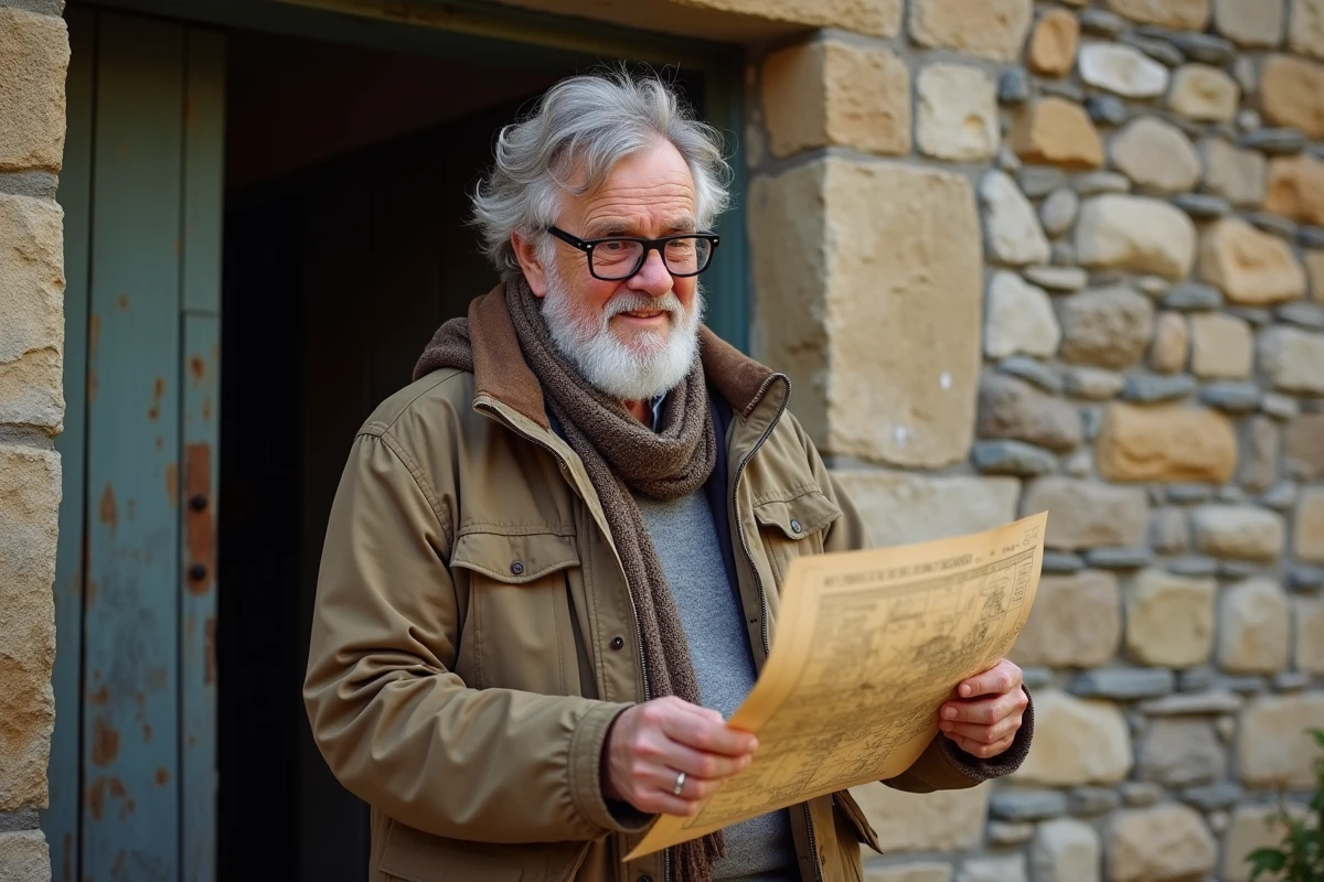 Homme âgé déployant un plan ancien devant une mairie en pierre
