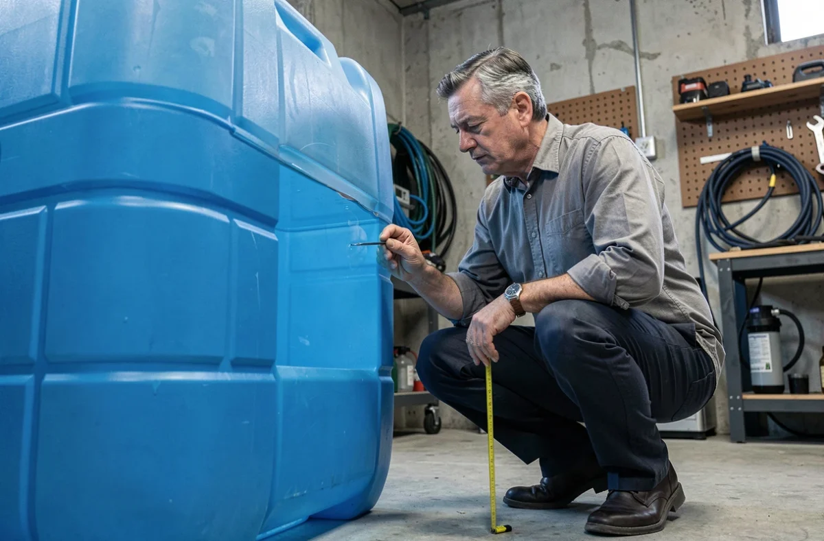 Homme inspectant le niveau d'une cuve de stockage d'eau de pluie dans un garage avec système de filtration