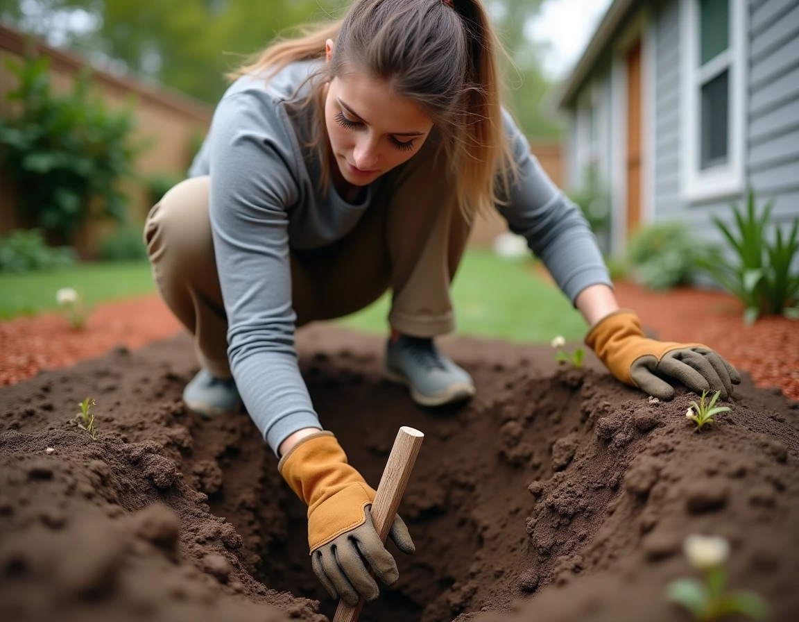 Femme inspectant la profondeur d'un trou creusé pour un piquet de clôture en argile dans un jardin