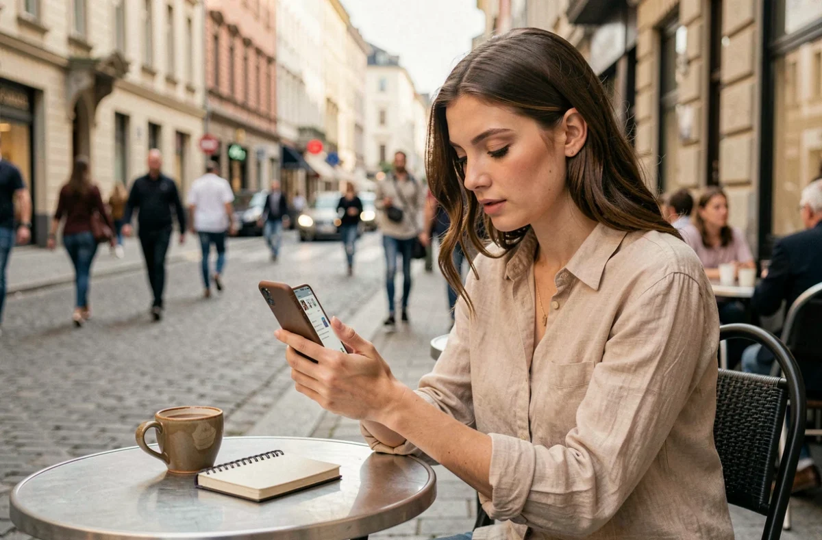 Jeune femme parcourant un classement de sites incontournables sur smartphone en terrasse de café urbain