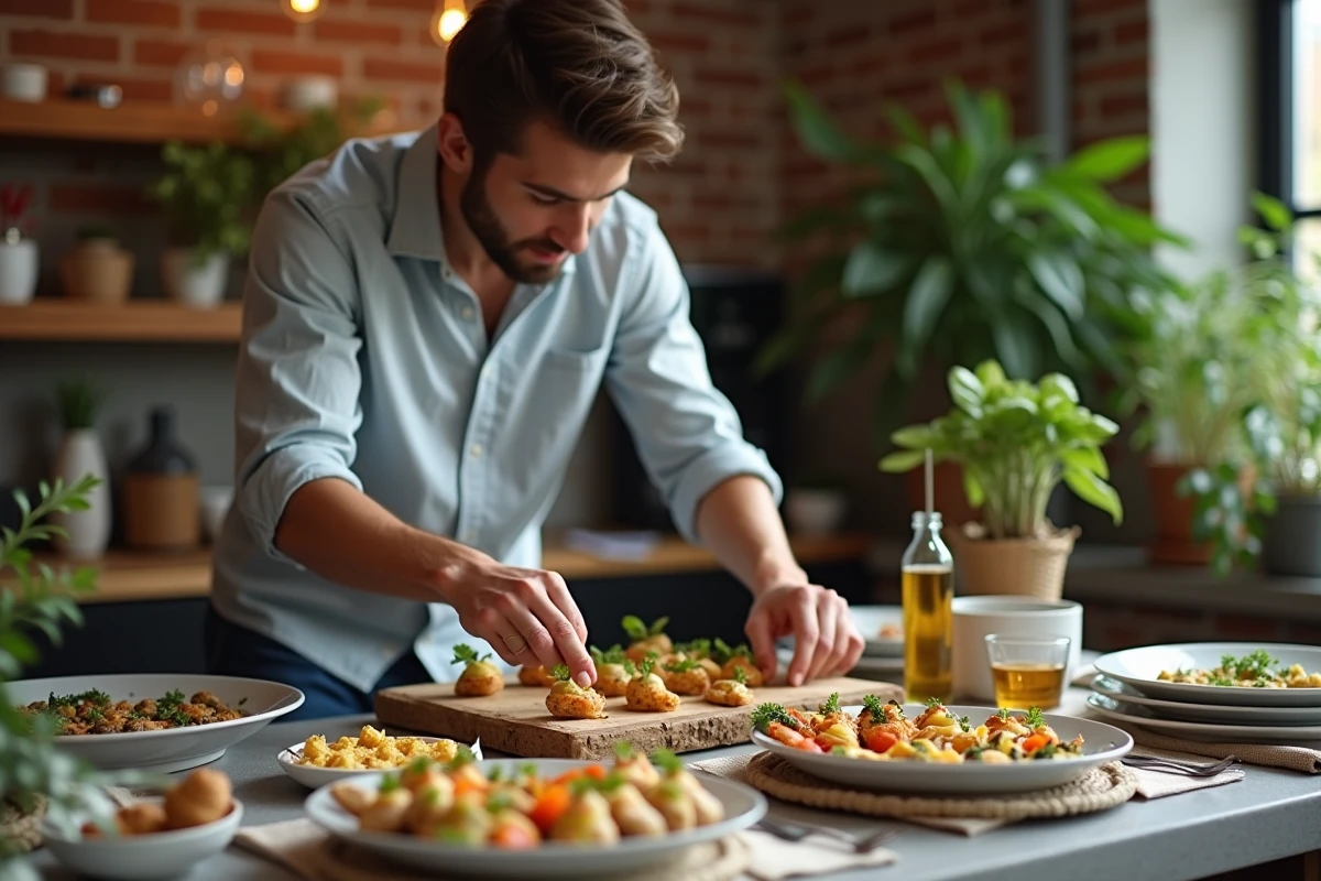 Jeune homme disposant des amusebouches sur un plan de travail en pierre