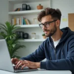 Jeune homme en bureau à domicile travaillant sur son ordinateur