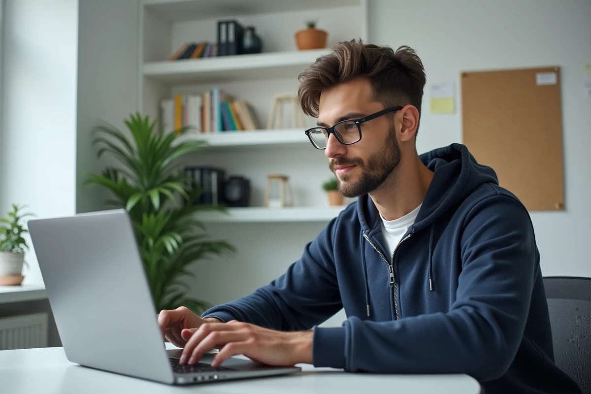 Jeune homme en bureau à domicile travaillant sur son ordinateur