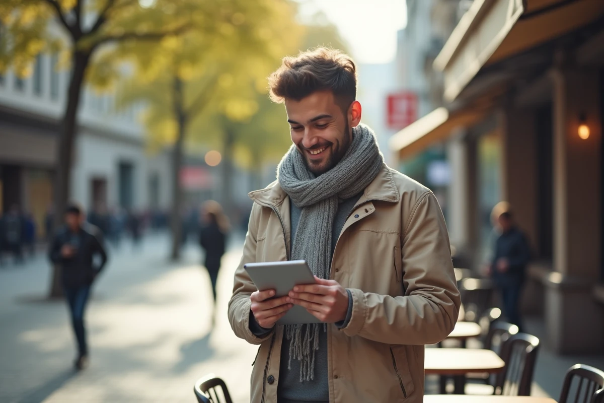 Jeune homme souriant avec tablette dans un café urbain