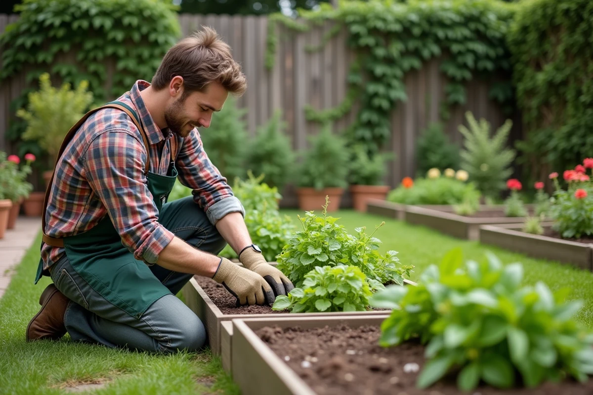 Jeune homme plantant des herbes dans un jardin en plein air