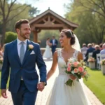 Jeune couple de mariés souriants dans un cadre champêtre élégant
