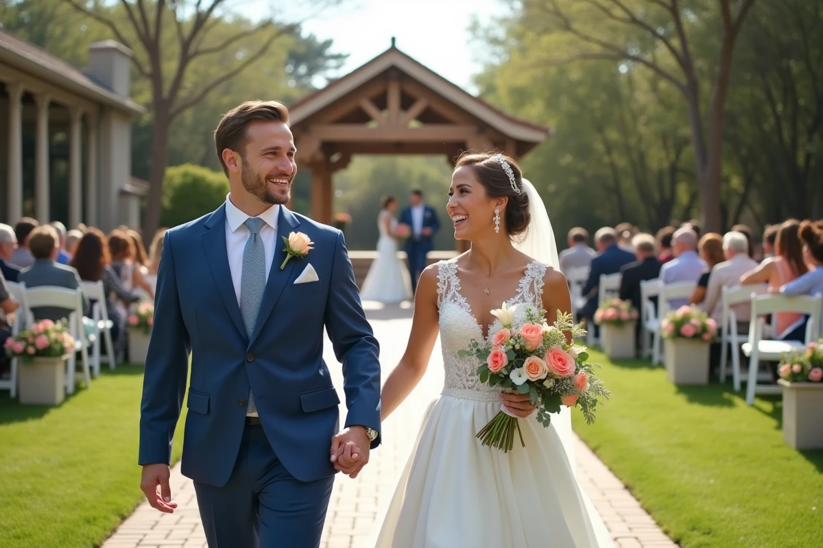 Jeune couple de mariés souriants dans un cadre champêtre élégant