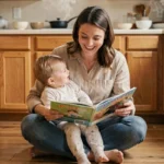 Mère lisant un livre illustré à son tout-petit sur le plancher de la cuisine, scène de parentalité quotidienne chaleureuse