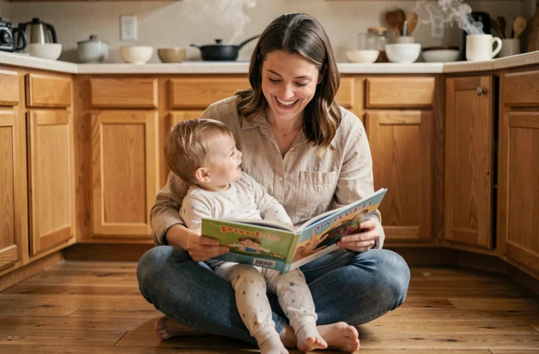 Mère lisant un livre illustré à son tout-petit sur le plancher de la cuisine, scène de parentalité quotidienne chaleureuse