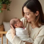 Jeune mère tenant tendrement son nouveau-né dans une chambre de bébé cosy et chaleureuse