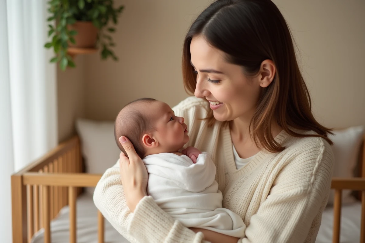 Jeune mère tenant tendrement son nouveau-né dans une chambre de bébé cosy et chaleureuse
